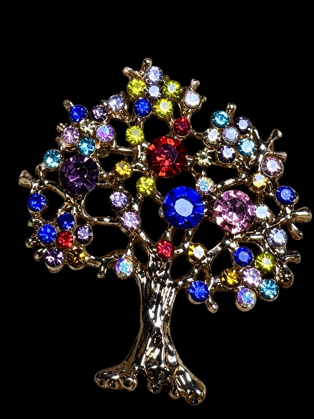 Gold Multicolor Crystal Tree Brooch - Women Jewelry